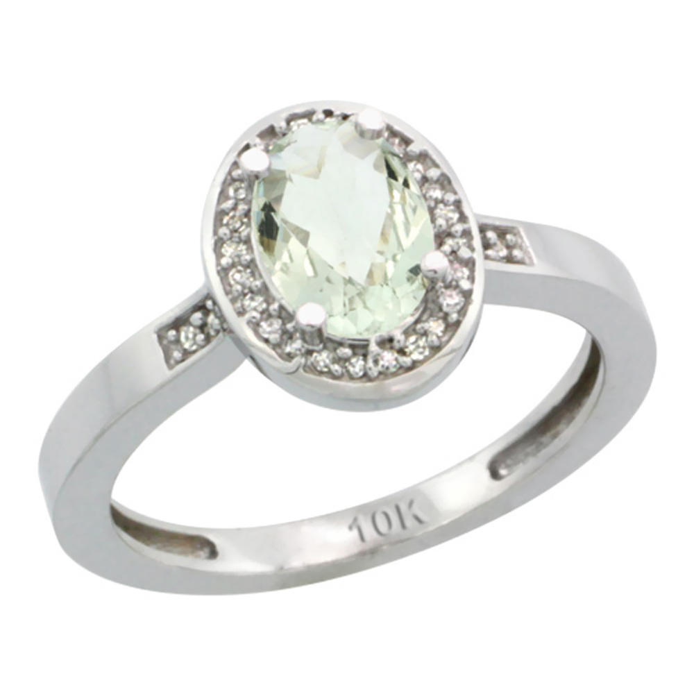 Sabrina Silver 14K White Gold Diamond Natural Green Amethyst Engagement Ring Oval 7x5mm, sizes 5-10