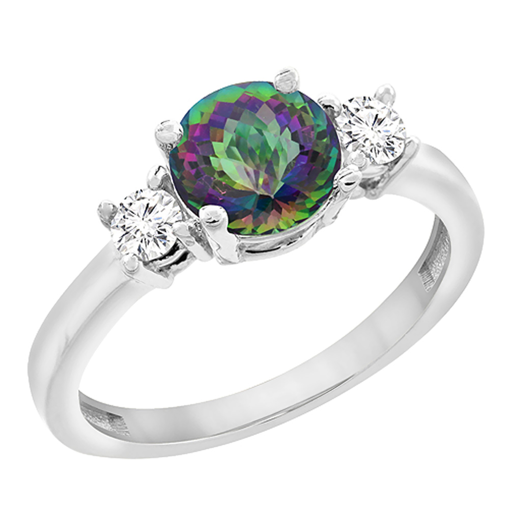 Sabrina Silver 14K White Gold Diamond Natural Mystic Topaz Engagement Ring Round 7mm, sizes 5 to 10 with half sizes