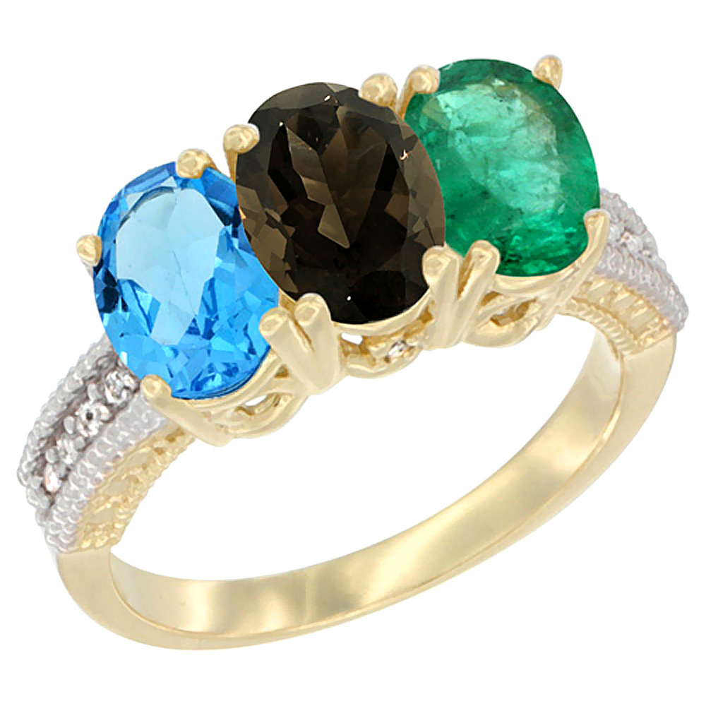 Sabrina Silver 14K Yellow Gold Natural Swiss Blue Topaz, Smoky Topaz & Emerald Ring 3-Stone 7x5 mm Oval Diamond Accent, sizes 5 - 10