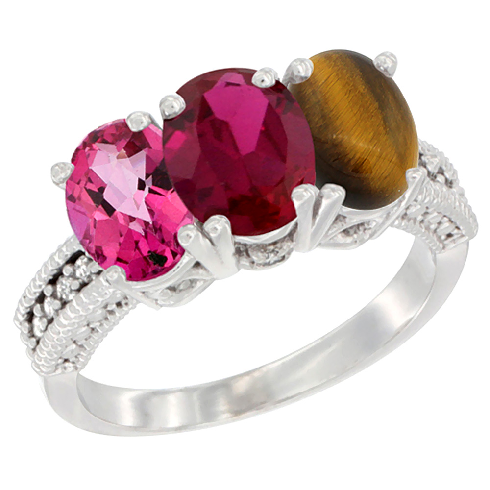 Sabrina Silver 14K White Gold Natural Pink Topaz, Enhanced Ruby & Natural Tiger Eye Ring 3-Stone 7x5 mm Oval Diamond Accent, sizes 5 - 10