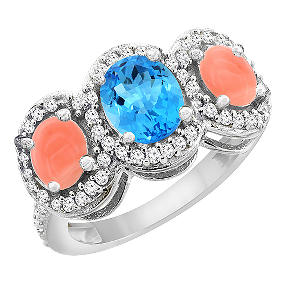 Sabrina Silver 10K White Gold Natural Swiss Blue Topaz & Coral 3-Stone Ring Oval Diamond Accent, sizes 5 - 10