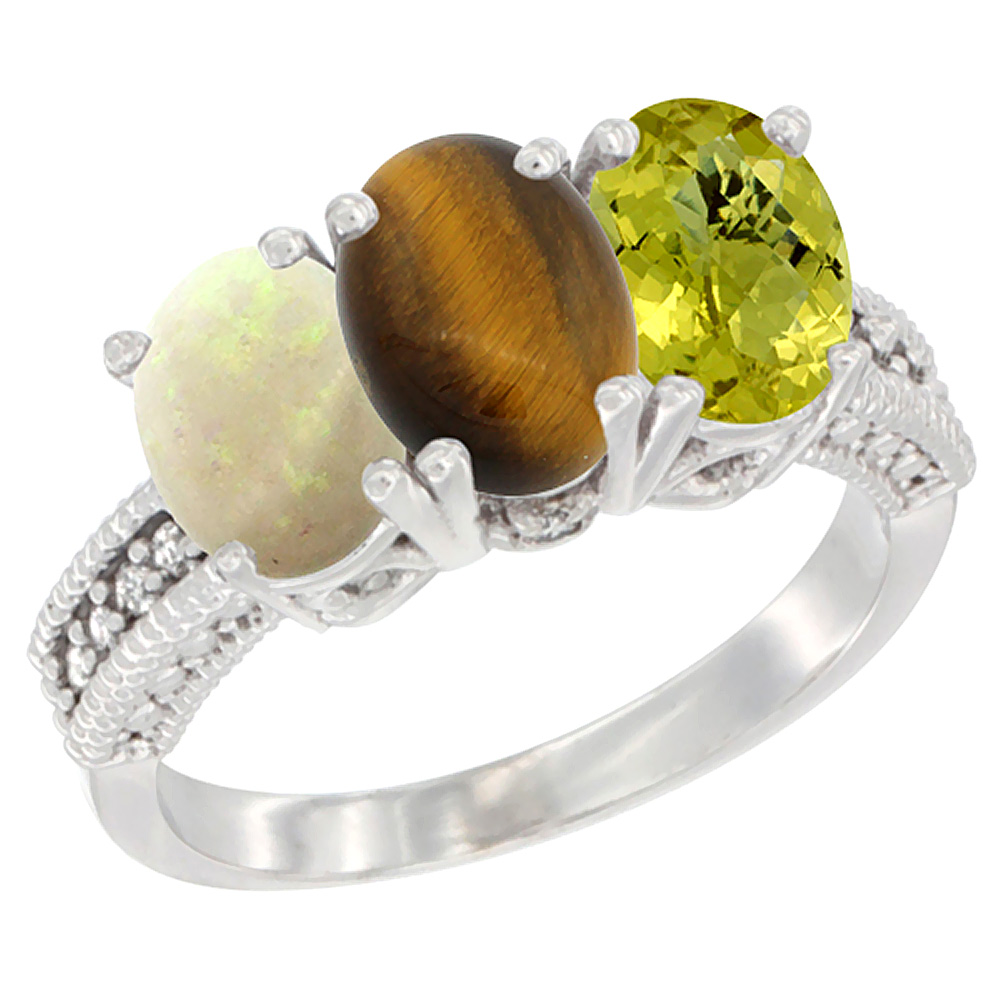 Sabrina Silver 14K White Gold Natural Opal, Tiger Eye & Lemon Quartz Ring 3-Stone 7x5 mm Oval Diamond Accent, sizes 5 - 10