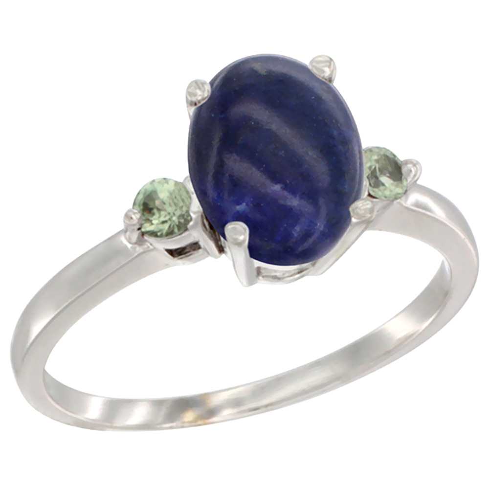 Sabrina Silver 10K White Gold Natural Lapis Ring Oval 9x7 mm Green Sapphire Accent, sizes 5 to 10