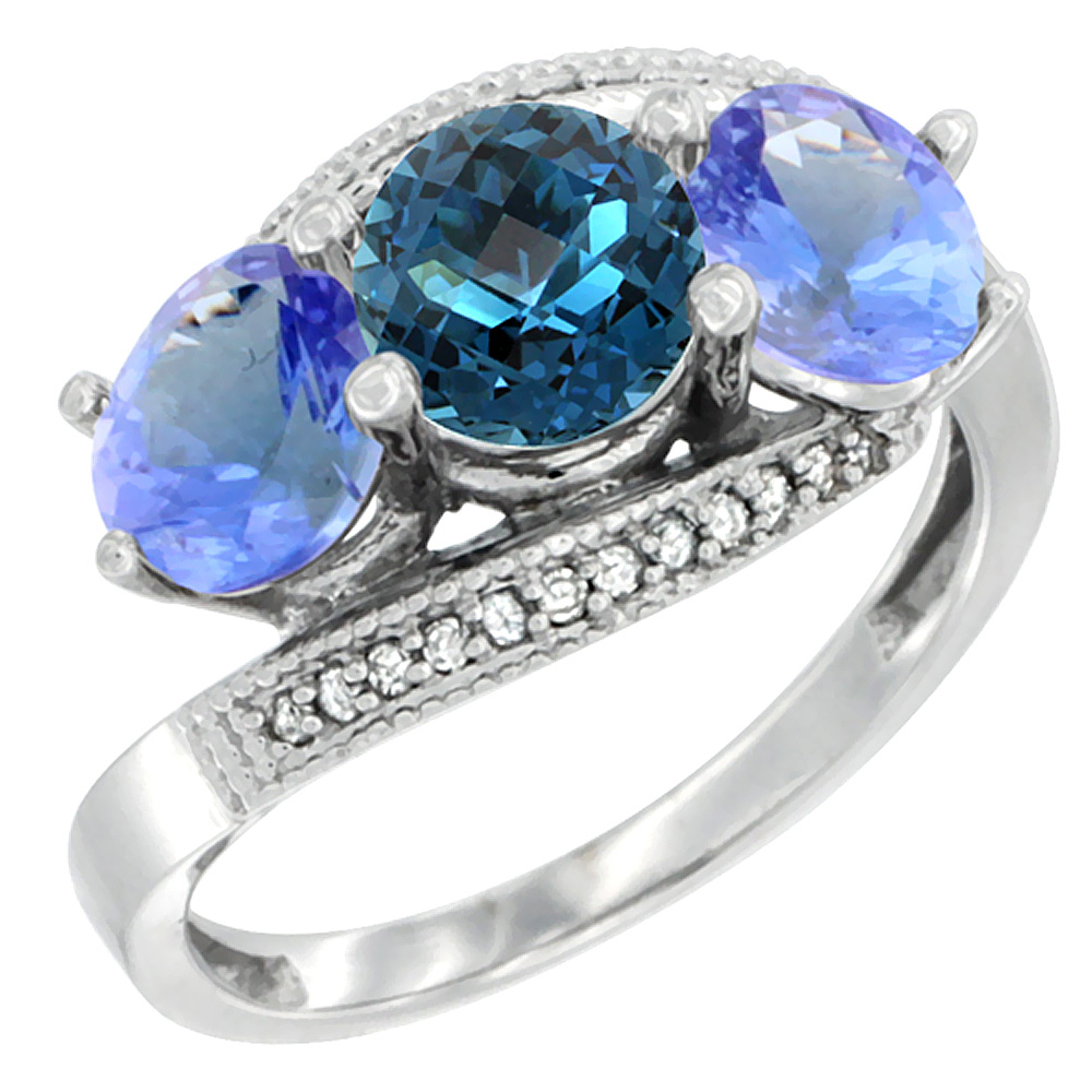 Sabrina Silver 10K White Gold Natural London Blue Topaz & Tanzanite Sides 3 stone Ring Round 6mm Diamond Accent, sizes 5 - 10