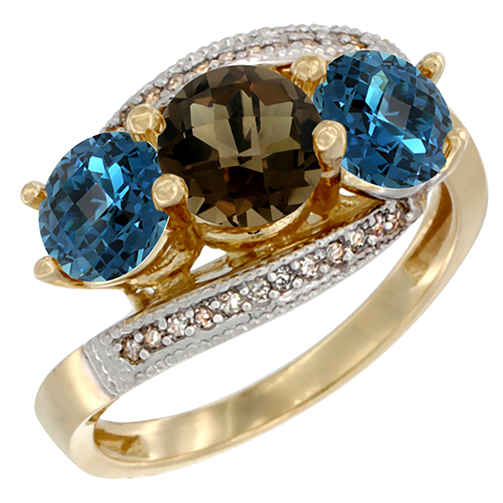 Sabrina Silver 10K Yellow Gold Natural Smoky Topaz & London Blue Topaz Sides 3 stone Ring Round 6mm Diamond Accent, sizes 5 - 10