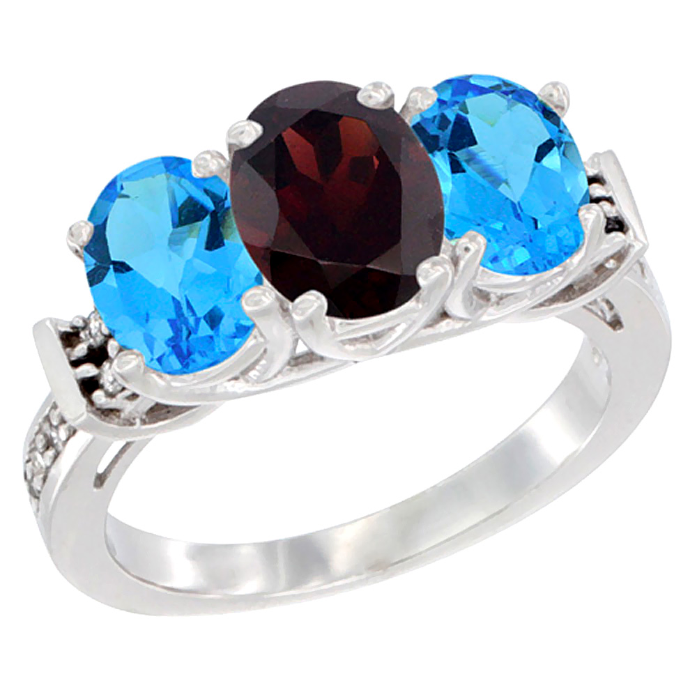 Sabrina Silver 10K White Gold Natural Garnet & Swiss Blue Topaz Sides Ring 3-Stone Oval Diamond Accent, sizes 5 - 10