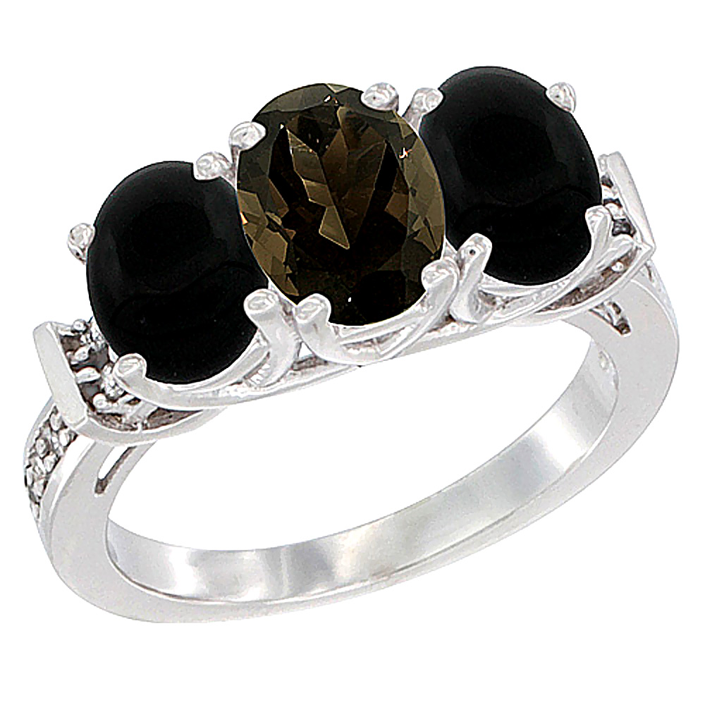 Sabrina Silver 14K White Gold Natural Smoky Topaz & Black Onyx Sides Ring 3-Stone Oval Diamond Accent, sizes 5 - 10