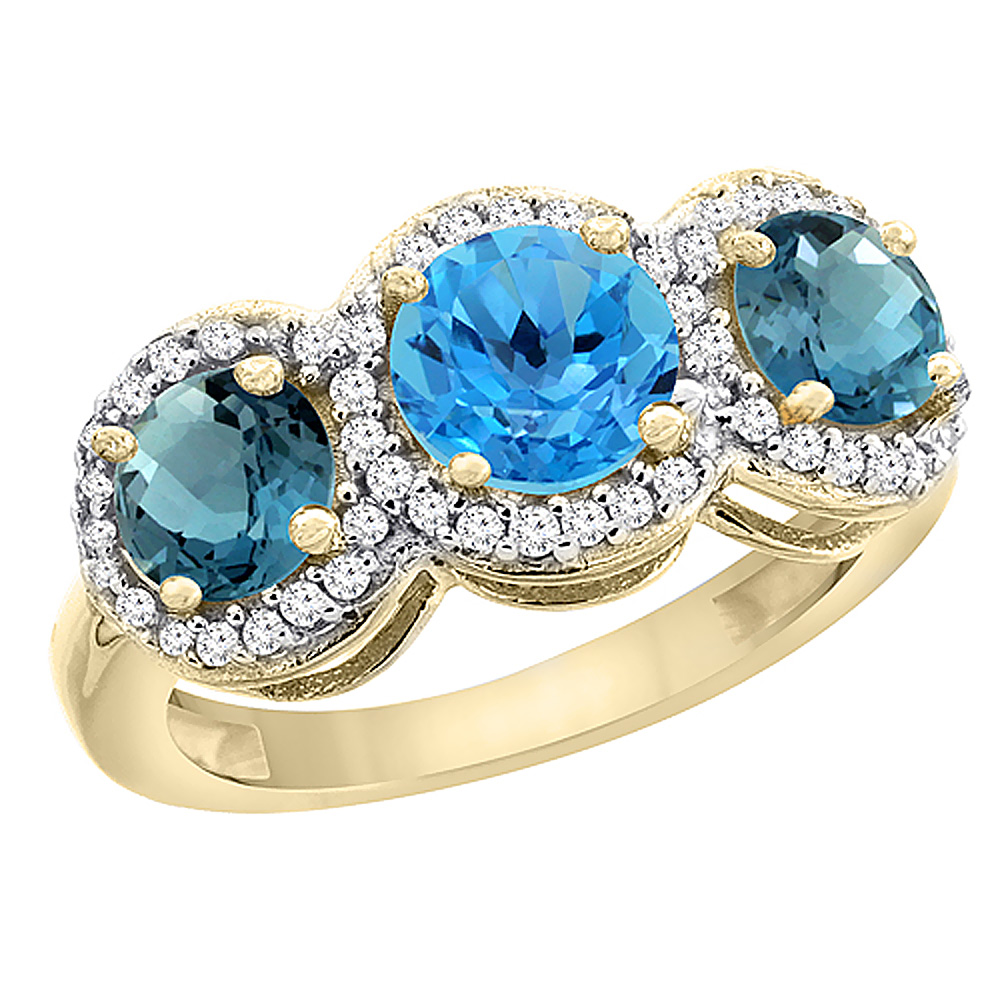 Sabrina Silver 10K Yellow Gold Natural Swiss Blue Topaz & London Blue Topaz Sides Round 3-stone Ring Diamond Accents, sizes 5 - 10