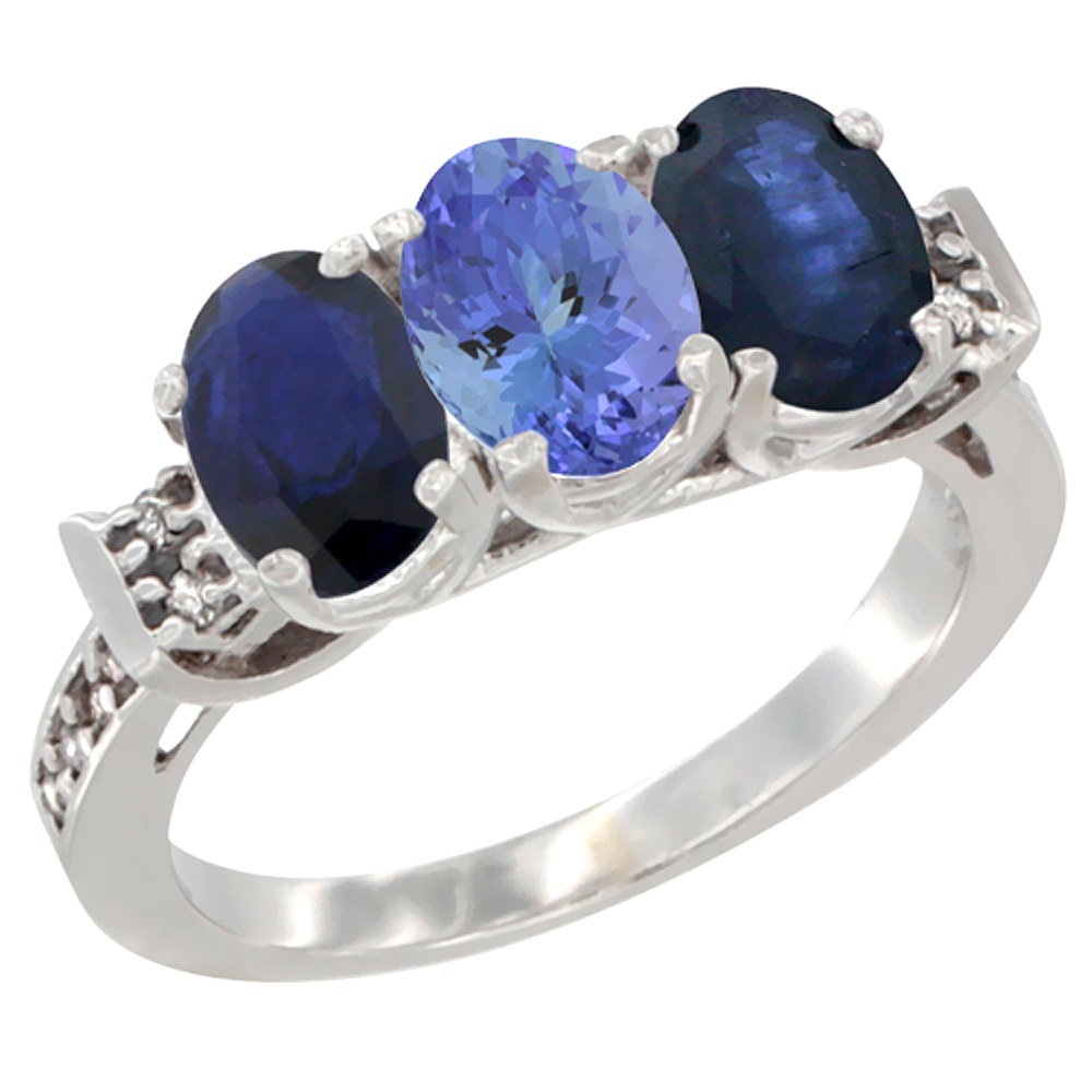 Sabrina Silver 14K White Gold Natural Tanzanite & Blue Sapphire Sides Ring 3-Stone Oval 7x5 mm Diamond Accent, sizes 5 - 10