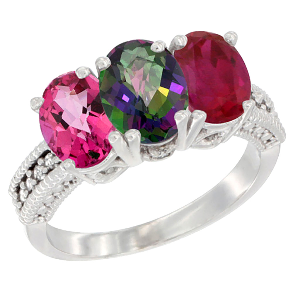 Sabrina Silver 10K White Gold Natural Pink Topaz, Mystic Topaz & Ruby Ring 3-Stone Oval 7x5 mm Diamond Accent, sizes 5 - 10