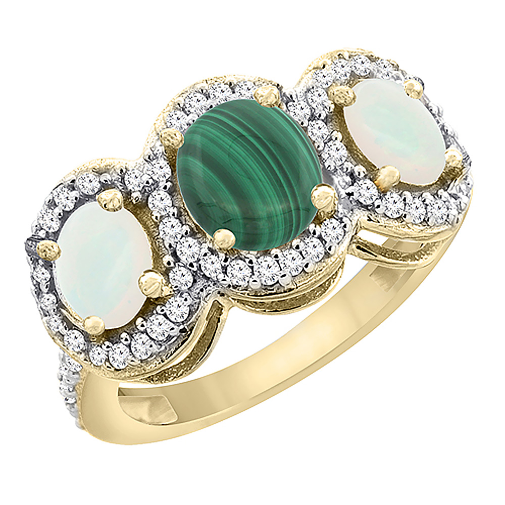 Sabrina Silver 10K Yellow Gold Natural Malachite & Opal 3-Stone Ring Oval Diamond Accent, sizes 5 - 10