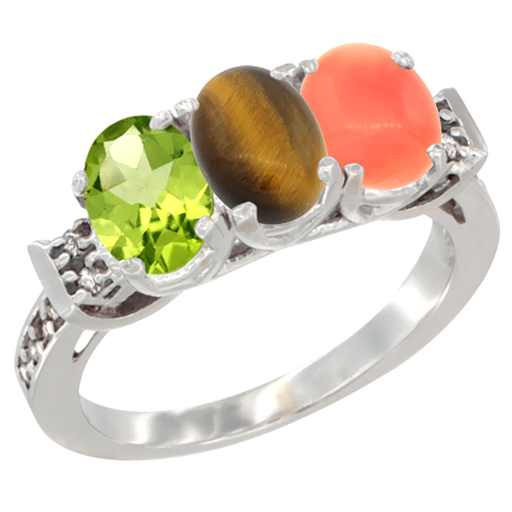 Sabrina Silver 14K White Gold Natural Peridot, Tiger Eye & Coral Ring 3-Stone Oval 7x5 mm Diamond Accent, sizes 5 - 10