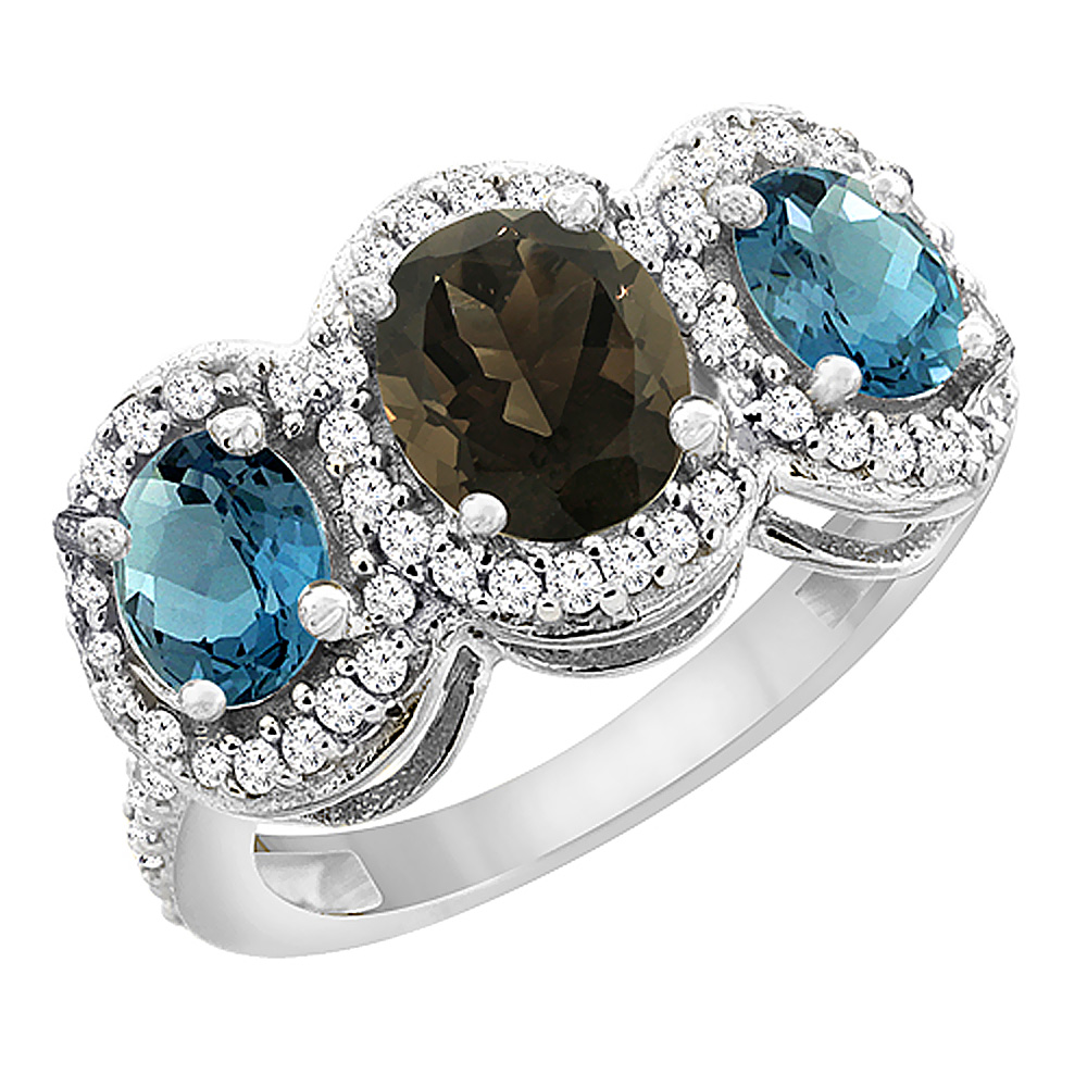 Sabrina Silver 14K White Gold Natural Smoky Topaz & London Blue Topaz 3-Stone Ring Oval Diamond Accent, sizes 5 - 10