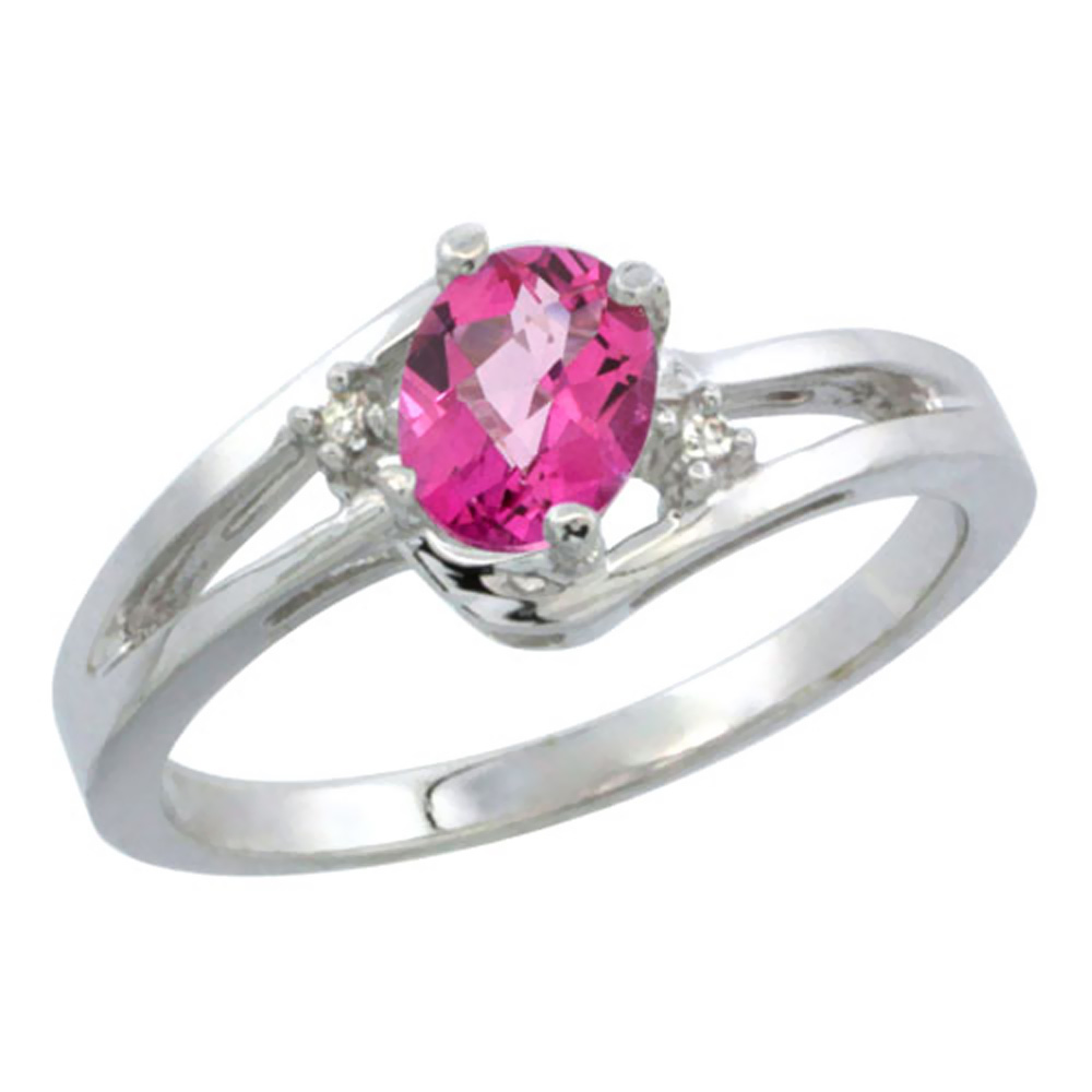 Sabrina Silver 10K White Gold Diamond Natural Pink Topaz Ring Oval 6x4 mm, sizes 5-10