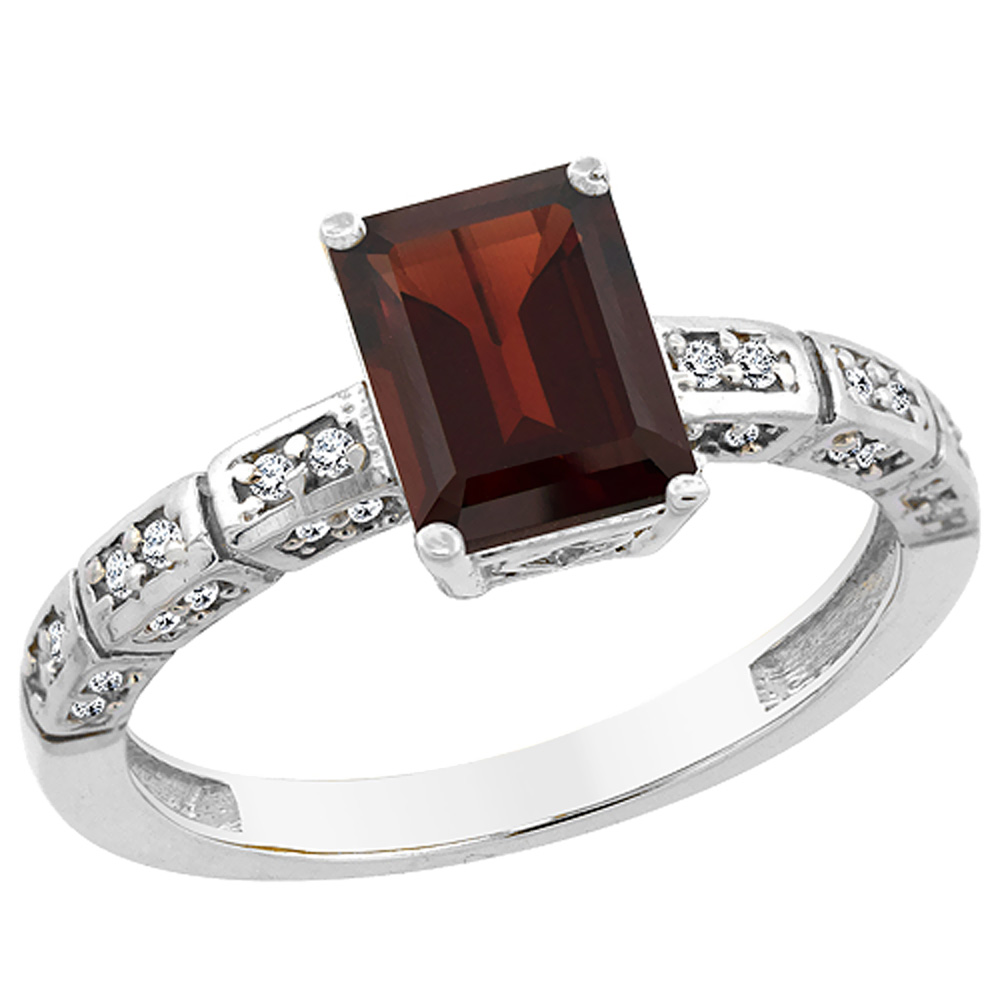 Sabrina Silver 10K White Gold Natural Garnet Octagon 8x6 mm with Diamond Accents, sizes 5 - 10