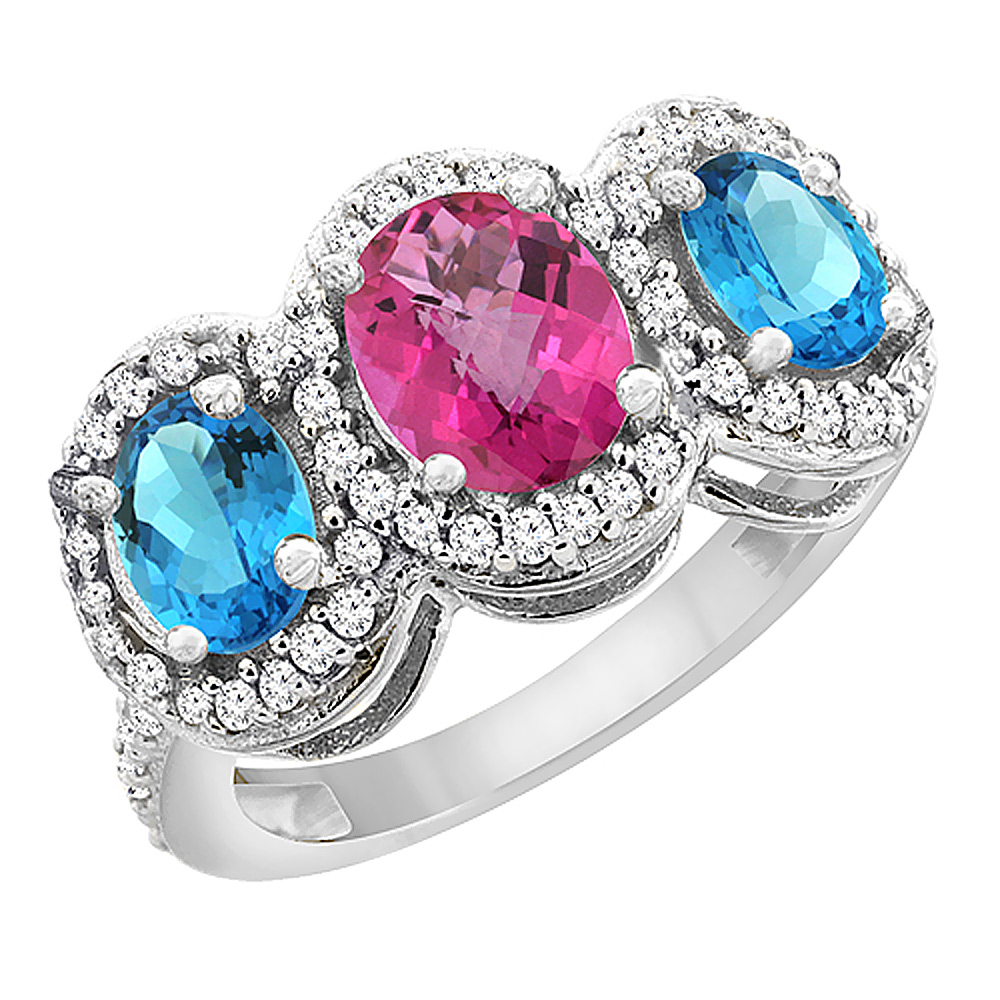 Sabrina Silver 10K White Gold Natural Pink Topaz & Swiss Blue Topaz 3-Stone Ring Oval Diamond Accent, sizes 5 - 10