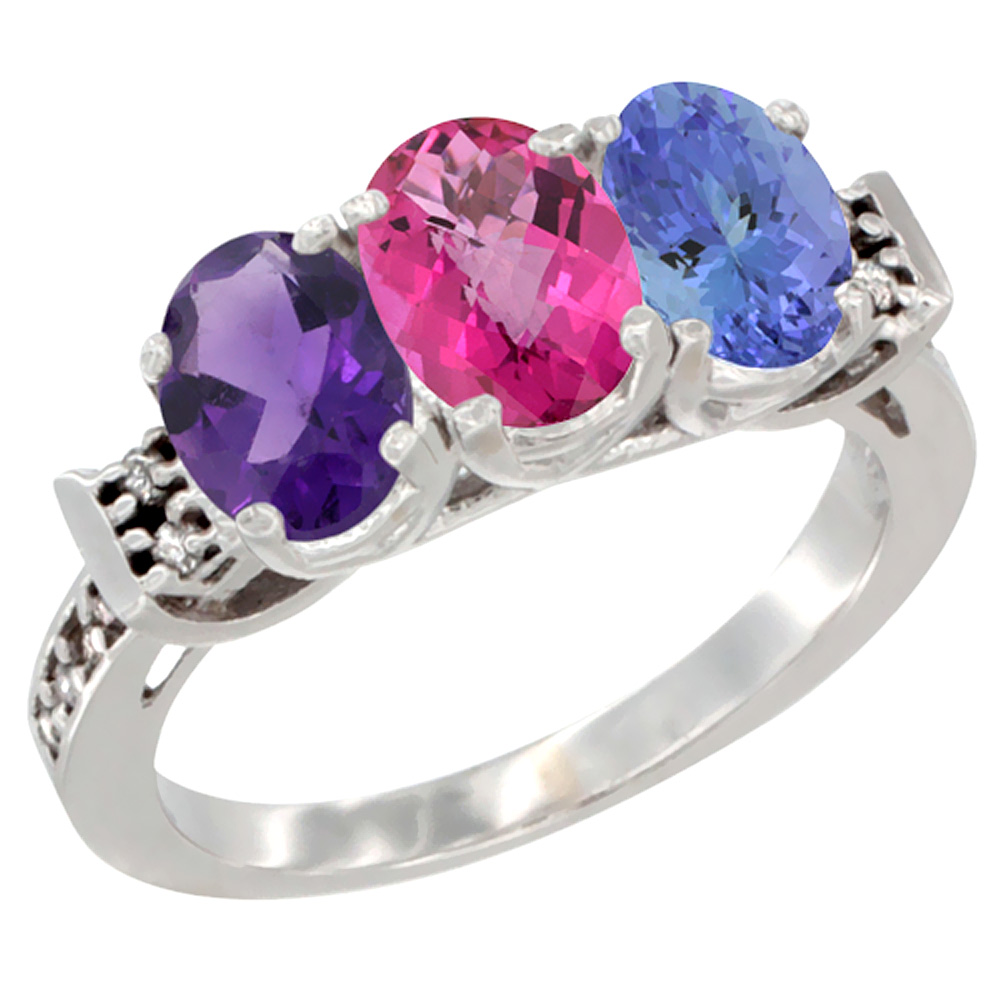 Sabrina Silver 14K White Gold Natural Amethyst, Pink Topaz & Tanzanite Ring 3-Stone 7x5 mm Oval Diamond Accent, sizes 5 - 10