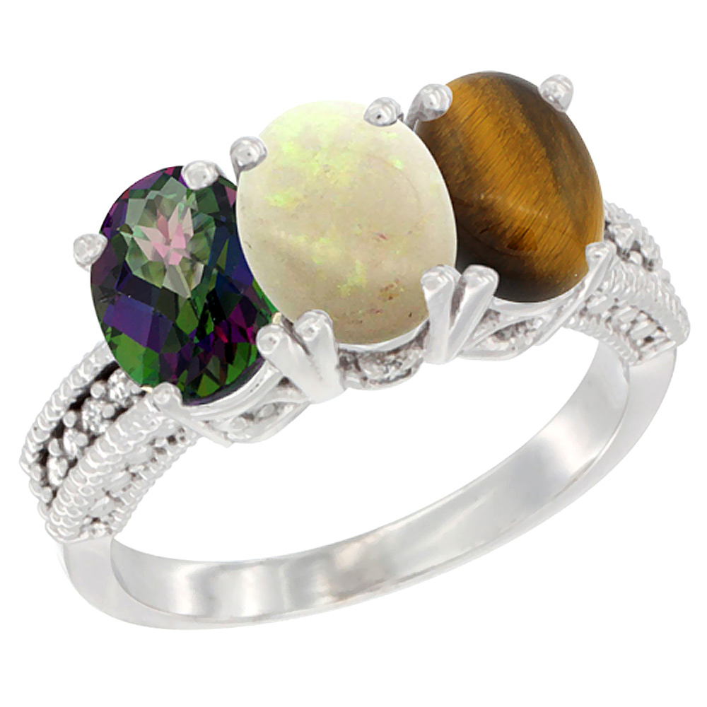 Sabrina Silver 10K White Gold Natural Mystic Topaz, Opal & Tiger Eye Ring 3-Stone Oval 7x5 mm Diamond Accent, sizes 5 - 10