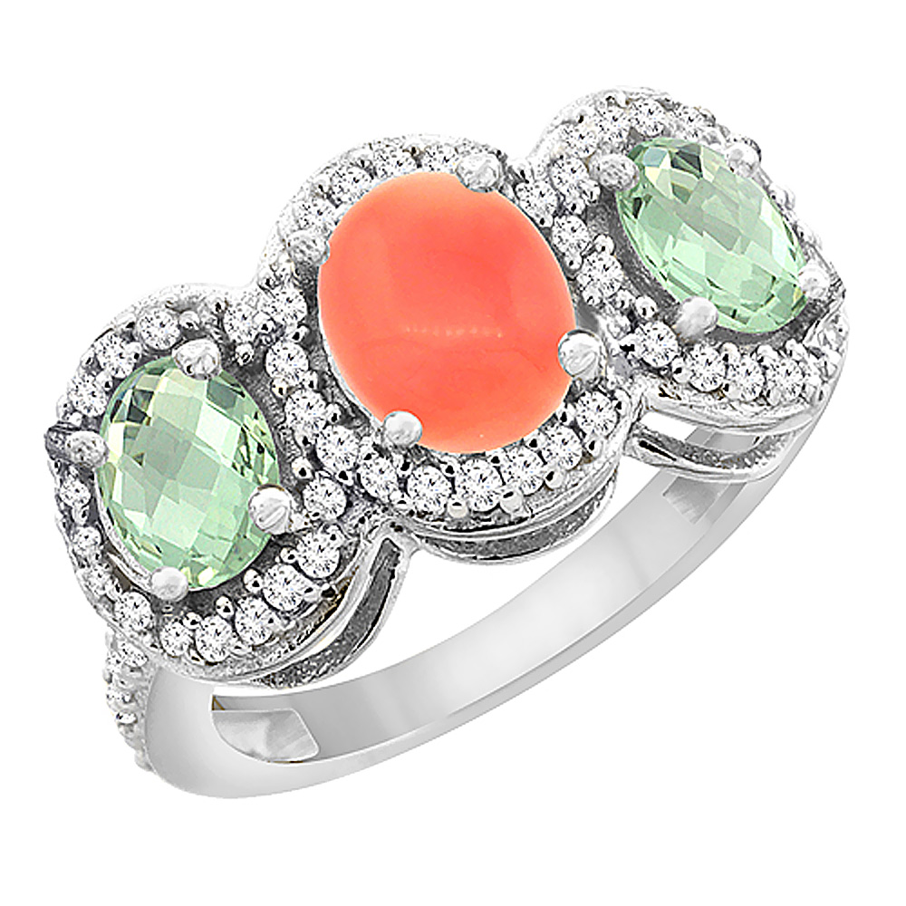 Sabrina Silver 10K White Gold Natural Coral & Green Amethyst 3-Stone Ring Oval Diamond Accent, sizes 5 - 10
