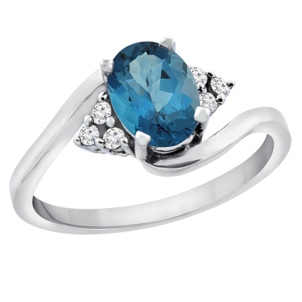 Sabrina Silver 14K White Gold Diamond Natural London Blue Topaz Engagement Ring Oval 7x5mm, sizes 5 - 10