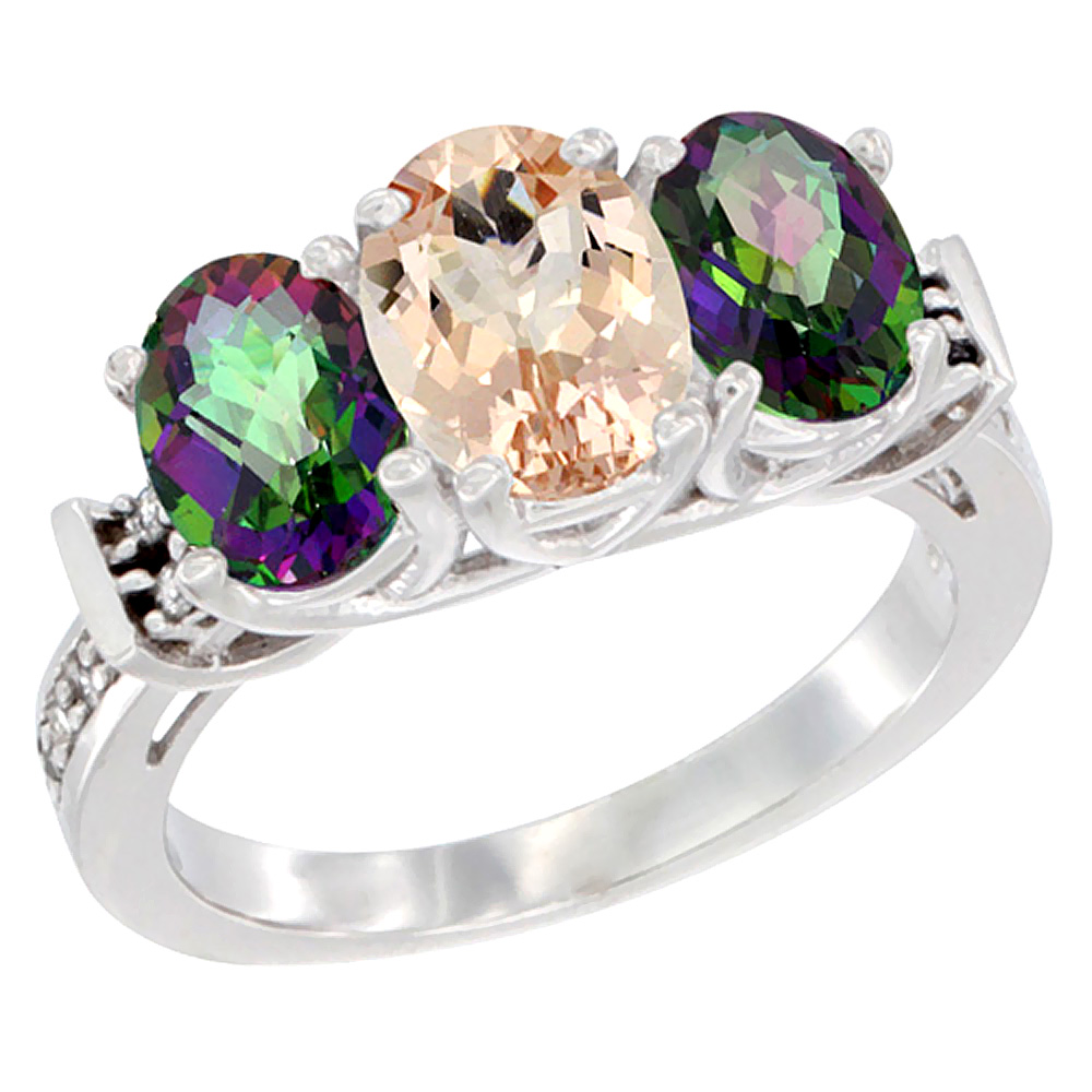 Sabrina Silver 10K White Gold Natural Morganite & Mystic Topaz Sides Ring 3-Stone Oval Diamond Accent, sizes 5 - 10