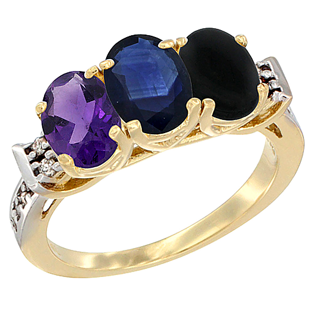 Sabrina Silver 10K Yellow Gold Natural Amethyst, Blue Sapphire & Black Onyx Ring 3-Stone Oval 7x5 mm Diamond Accent, sizes 5 - 10