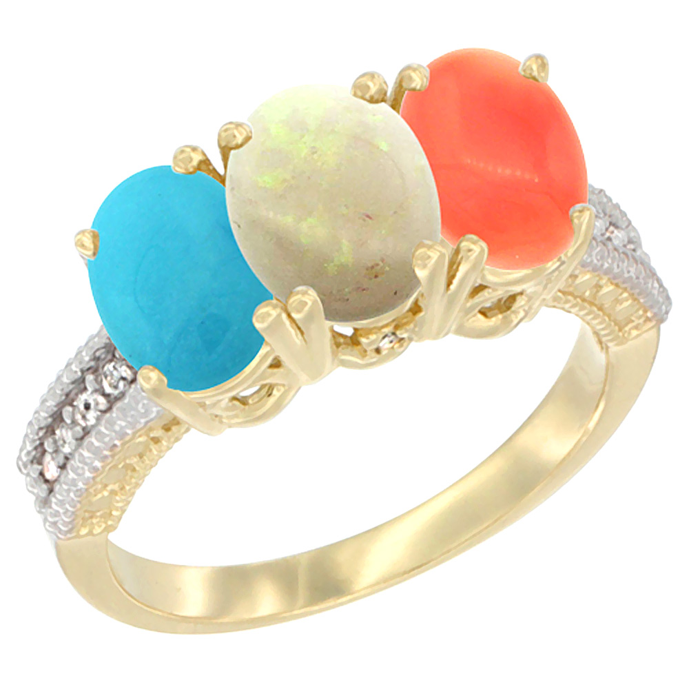 Sabrina Silver 10K Yellow Gold Diamond Natural Turquoise, Opal & Coral Ring 3-Stone 7x5 mm Oval, sizes 5 - 10