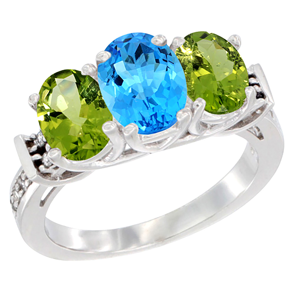 Sabrina Silver 10K White Gold Natural Swiss Blue Topaz & Peridot Sides Ring 3-Stone Oval Diamond Accent, sizes 5 - 10