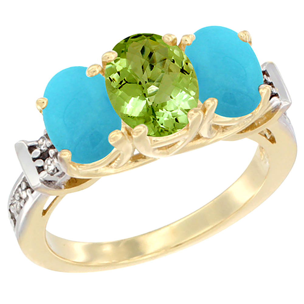 Sabrina Silver 14K Yellow Gold Natural Peridot & Turquoise Sides Ring 3-Stone Oval Diamond Accent, sizes 5 - 10