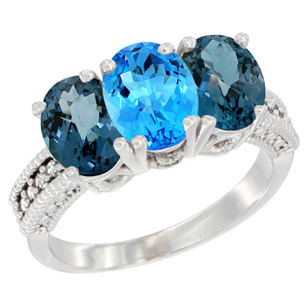 Sabrina Silver 10K White Gold Natural Swiss Blue Topaz & London Blue Topaz Sides Ring 3-Stone Oval 7x5 mm Diamond Accent, sizes 5 - 10