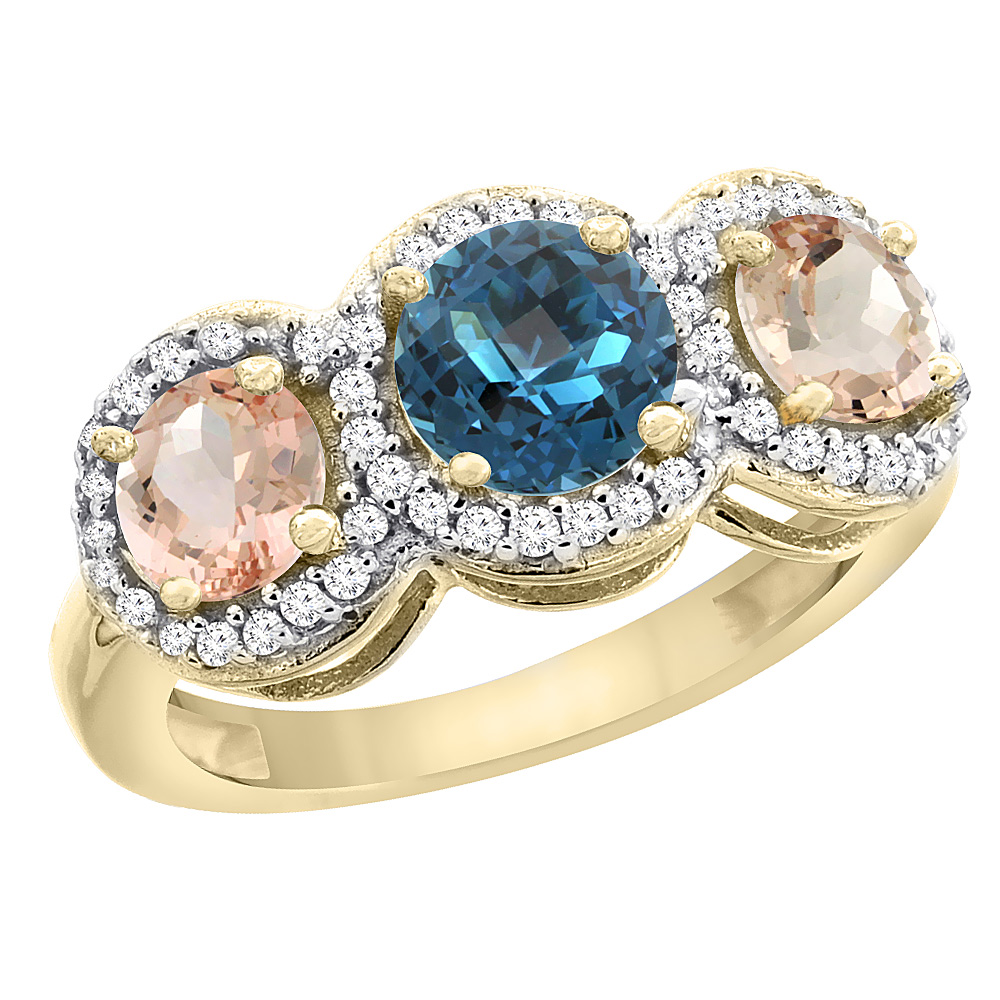Sabrina Silver 10K Yellow Gold Natural London Blue Topaz & Morganite Sides Round 3-stone Ring Diamond Accents, sizes 5 - 10