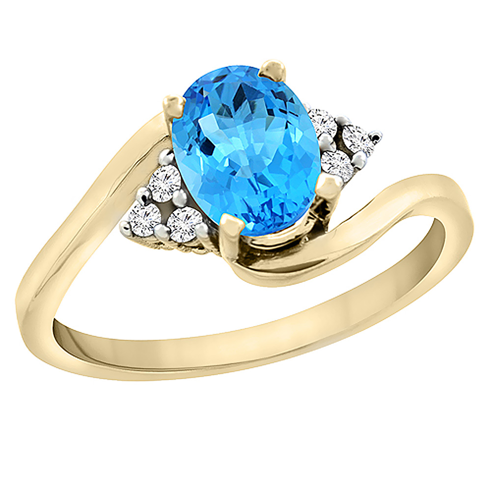 Sabrina Silver 14K Yellow Gold Diamond Natural Swiss Blue Topaz Engagement Ring Oval 7x5mm, sizes 5 - 10