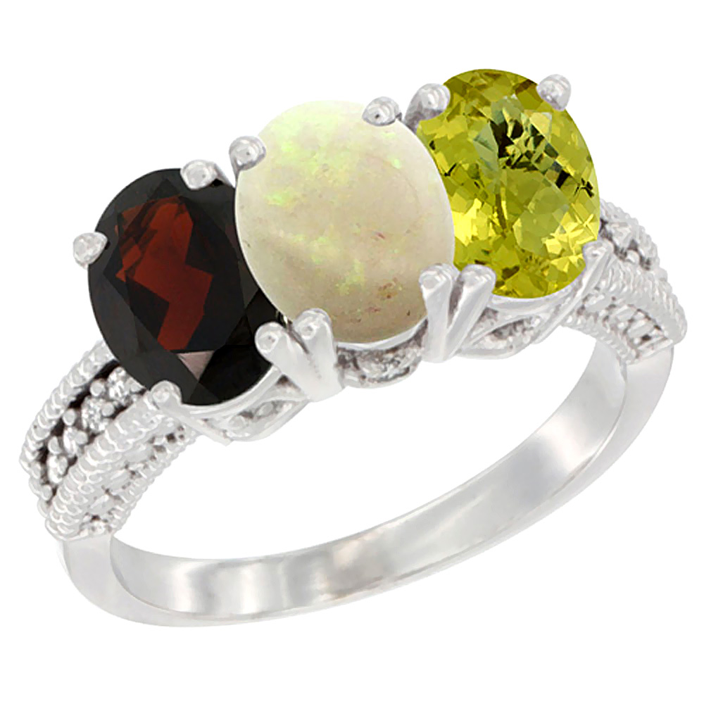 Sabrina Silver 10K White Gold Natural Garnet, Opal & Lemon Quartz Ring 3-Stone Oval 7x5 mm Diamond Accent, sizes 5 - 10
