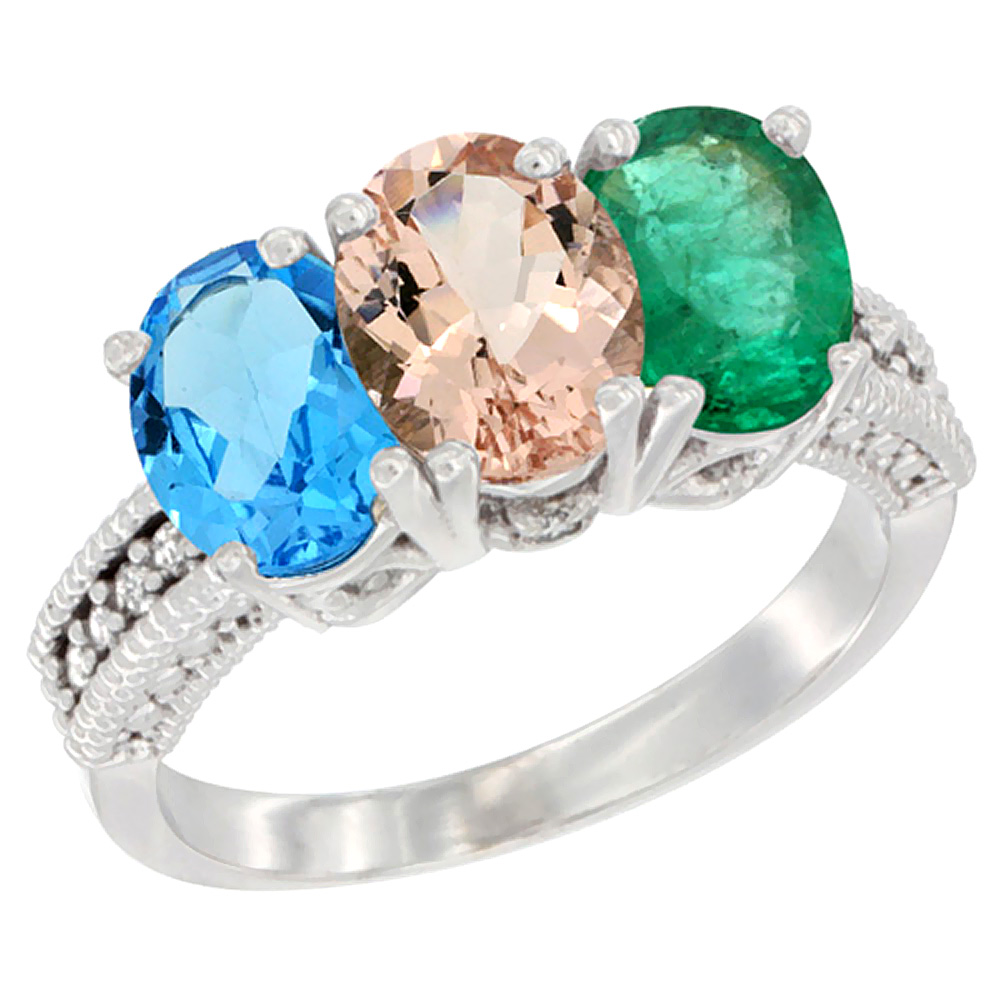 Sabrina Silver 14K White Gold Natural Swiss Blue Topaz, Morganite & Emerald Ring 3-Stone 7x5 mm Oval Diamond Accent, sizes 5 - 10