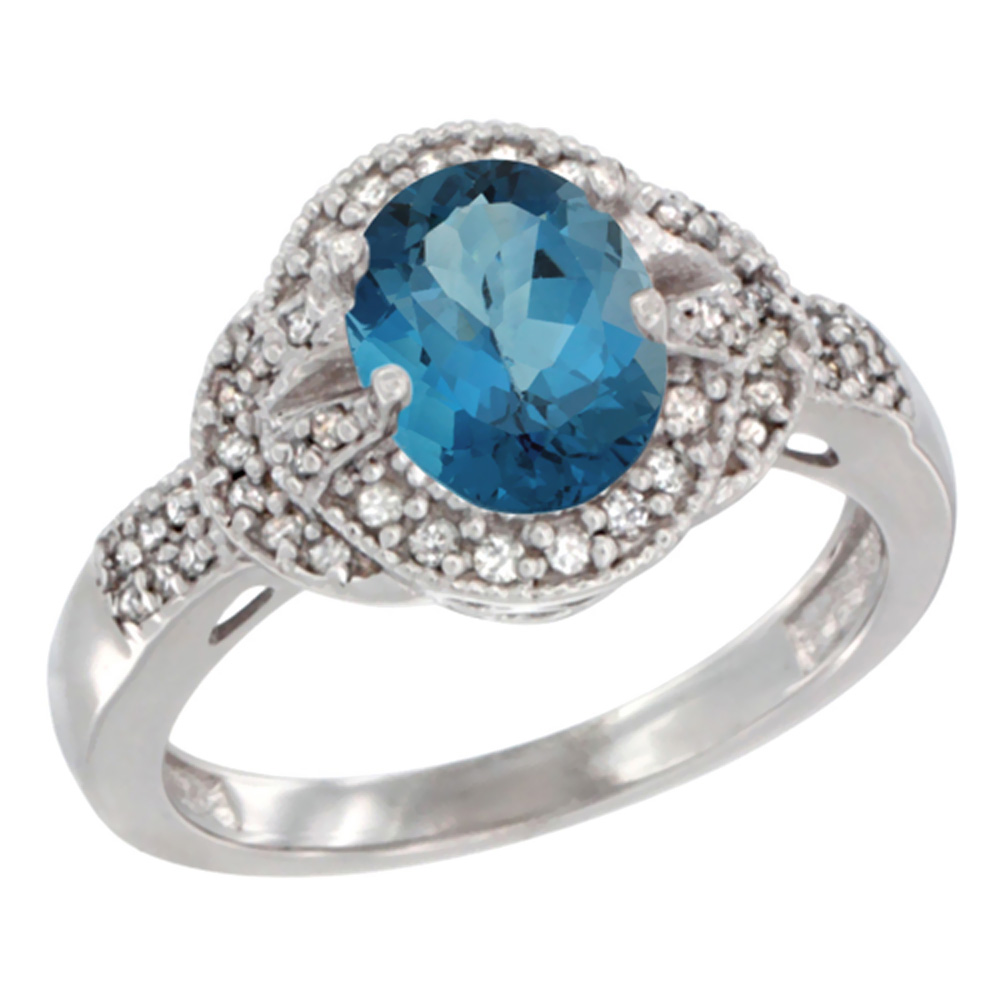 Sabrina Silver 10K White Gold Natural London Blue Topaz Ring Oval 8x6 mm Diamond Accent, sizes 5 - 10