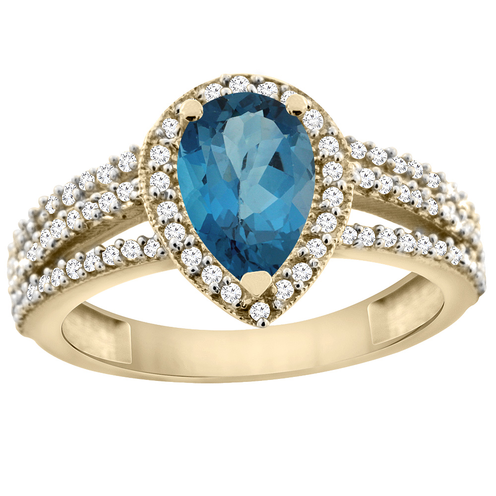 Sabrina Silver 14K Yellow Gold Natural London Blue Topaz Ring 9x7 Pear Halo Diamond, sizes 5 - 10