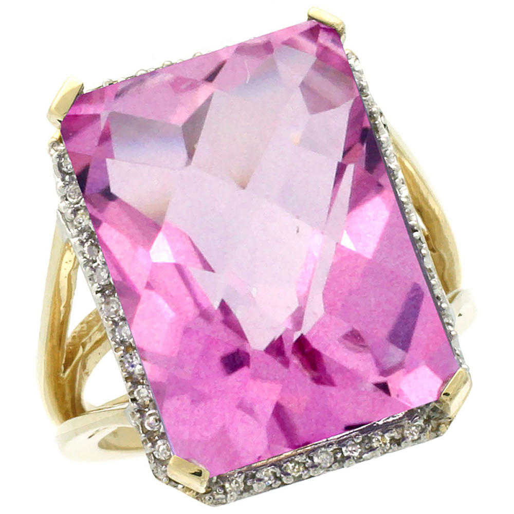 Sabrina Silver 14K Yellow Gold Diamond Natural Pink Topaz Ring Emerald-cut 18x13mm, sizes 5-10