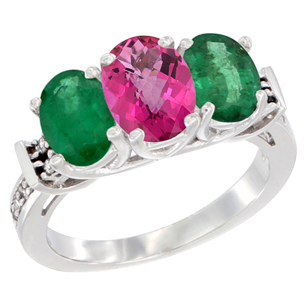 Sabrina Silver 14K White Gold Natural Pink Topaz & Emerald Sides Ring 3-Stone Oval Diamond Accent, sizes 5 - 10