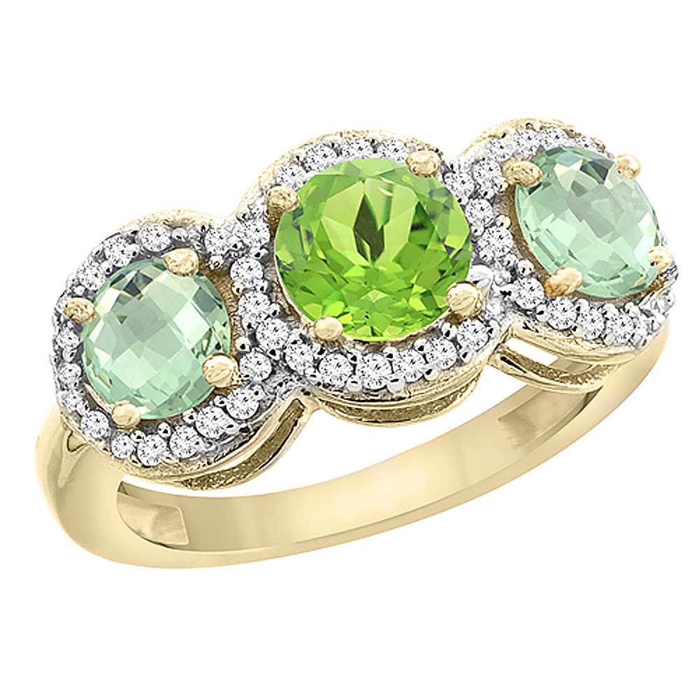 Sabrina Silver 14K Yellow Gold Natural Peridot & Green Amethyst Sides Round 3-stone Ring Diamond Accents, sizes 5 - 10