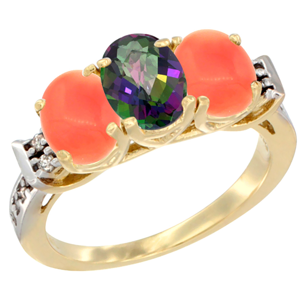 Sabrina Silver 10K Yellow Gold Natural Mystic Topaz & Coral Sides Ring 3-Stone Oval 7x5 mm Diamond Accent, sizes 5 - 10