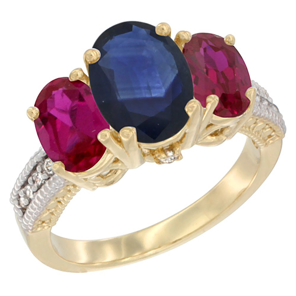 Sabrina Silver 14K Yellow Gold Diamond Natural Blue Sapphire Ring 3-Stone Oval 8x6mm with Ruby, sizes5-10
