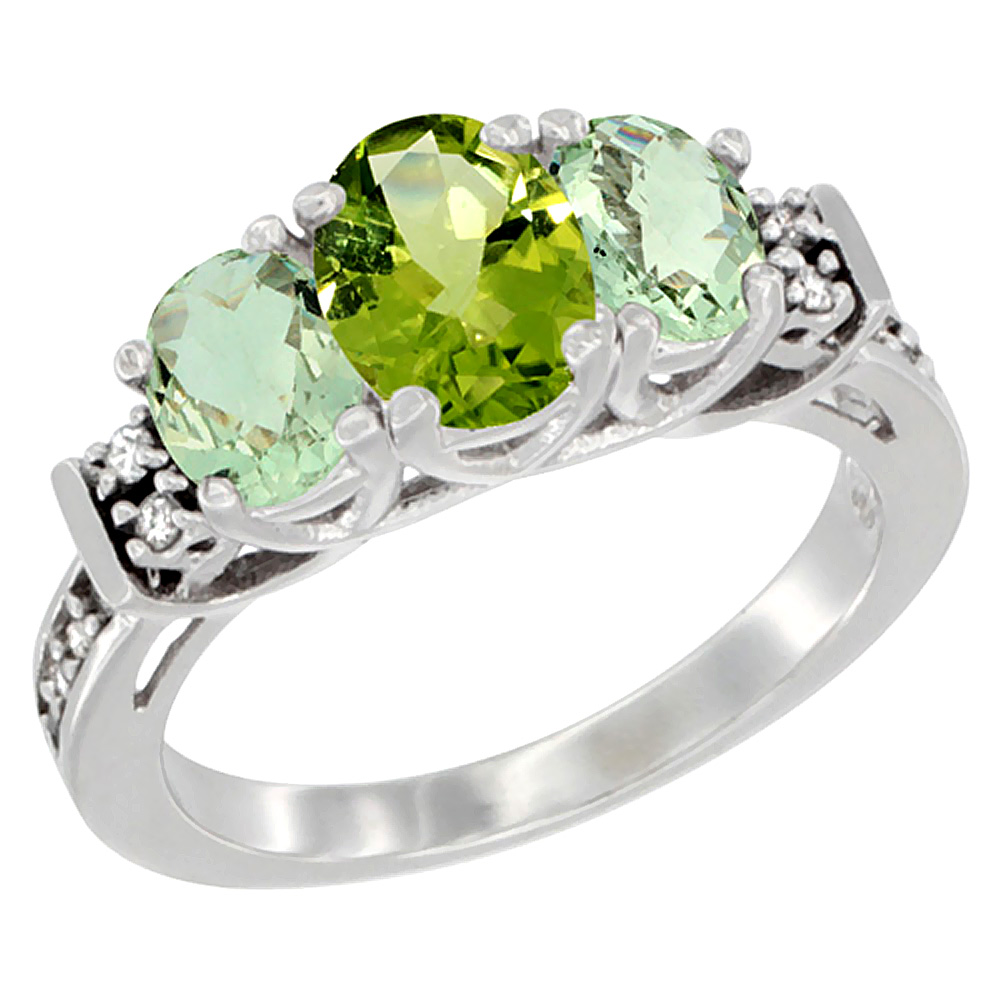 Sabrina Silver 14K White Gold Natural Peridot & Green Amethyst Ring 3-Stone Oval Diamond Accent, sizes 5-10