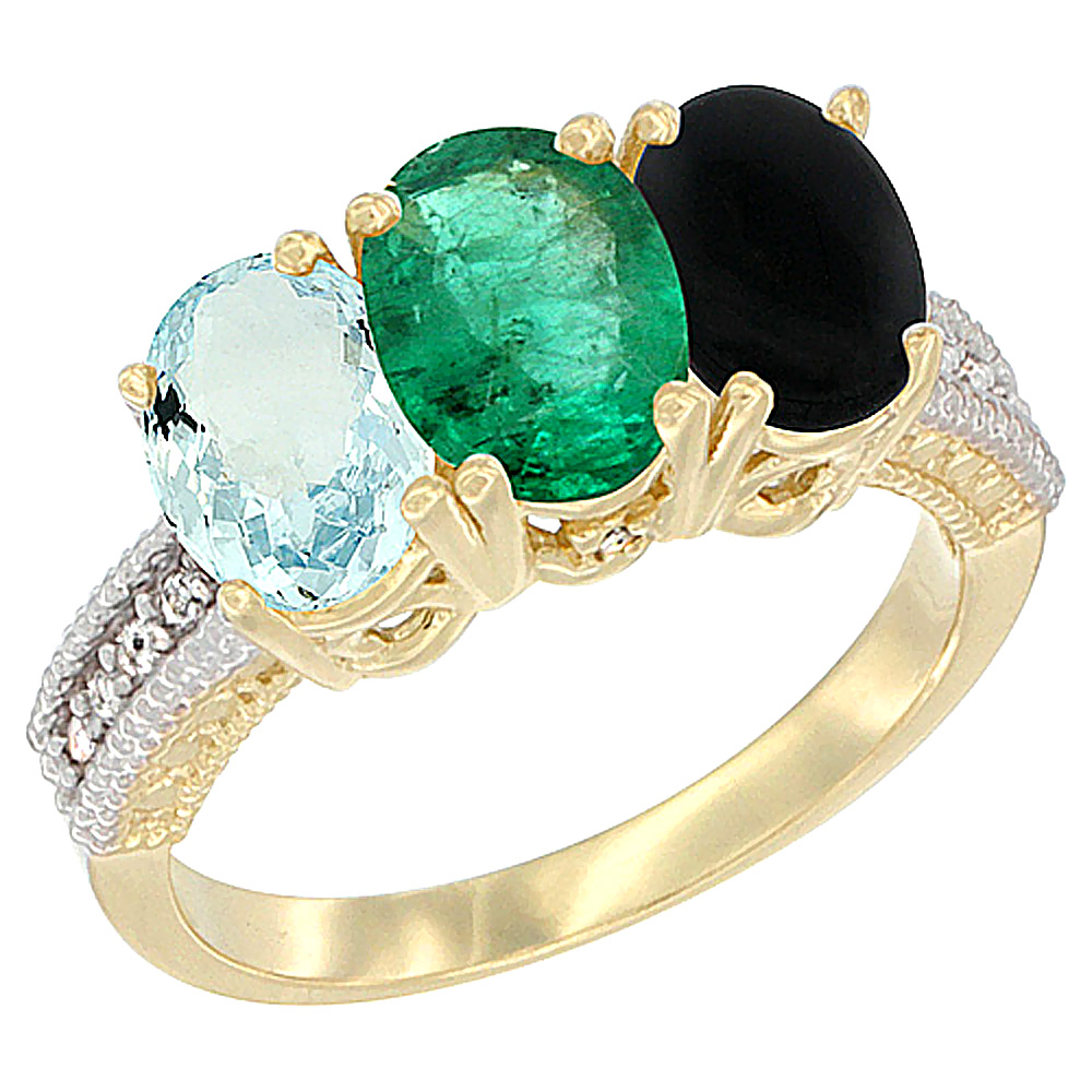 Sabrina Silver 10K Yellow Gold Natural Aquamarine, Emerald & Black Onyx Ring 3-Stone Oval 7x5 mm, sizes 5 - 10