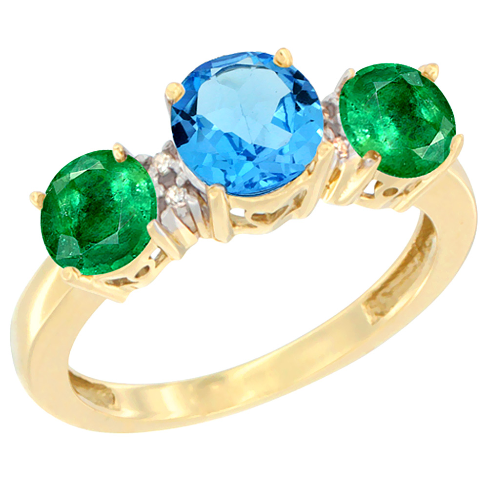 Sabrina Silver 14K Yellow Gold Round 3-Stone Natural Swiss Blue Topaz Ring & Emerald Sides Diamond Accent, sizes 5 - 10
