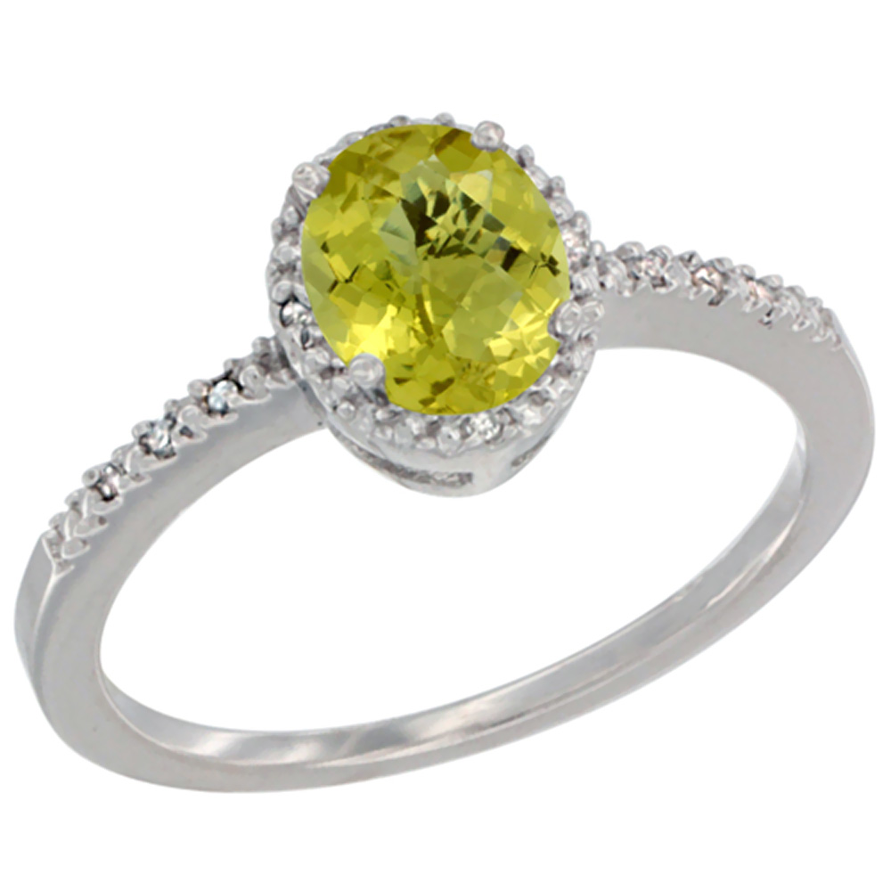 Sabrina Silver 10K White Gold Diamond Natural Lemon Quartz Engagement Ring Oval 7x5 mm, sizes 5 - 10