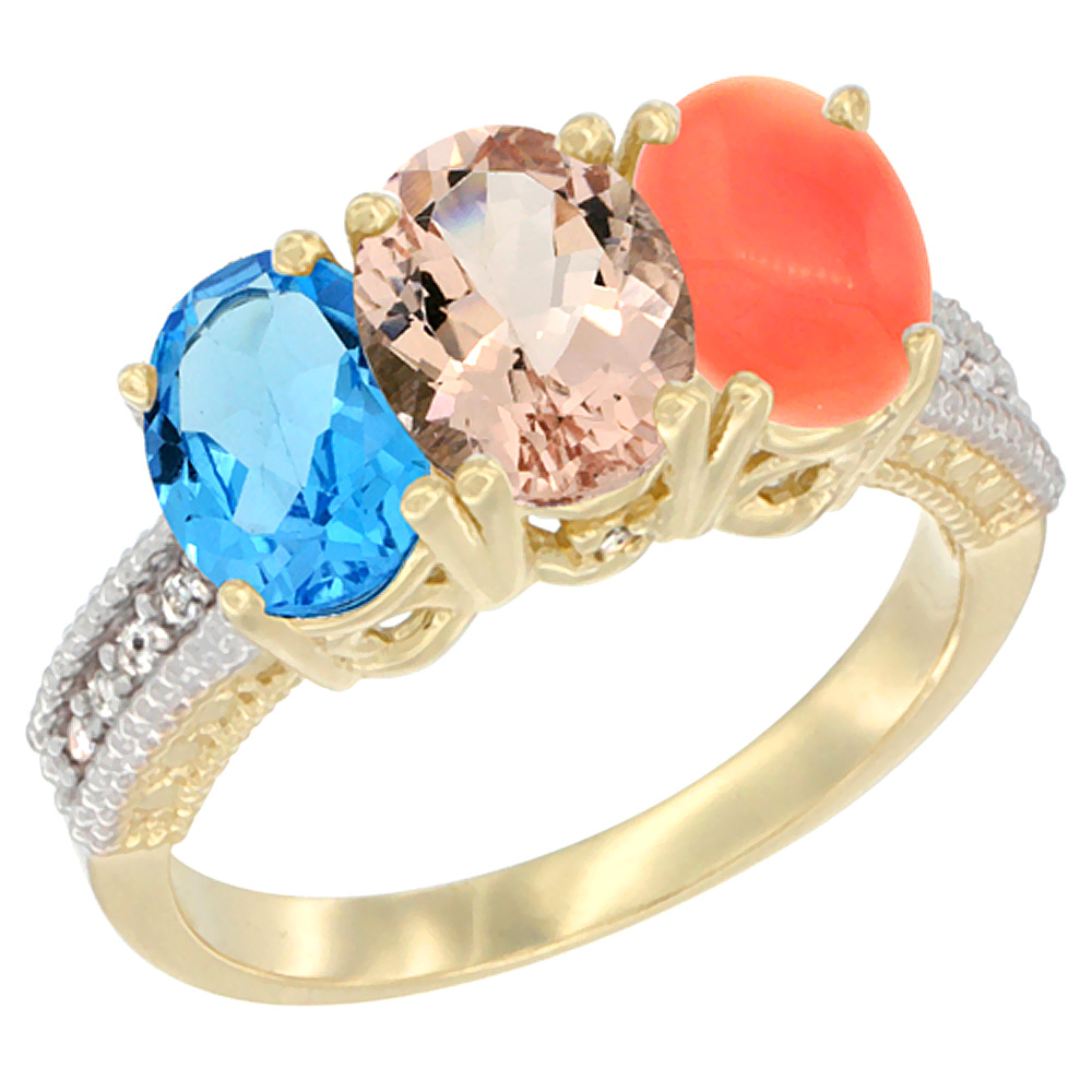 Sabrina Silver 14K Yellow Gold Natural Swiss Blue Topaz, Morganite & Coral Ring 3-Stone 7x5 mm Oval Diamond Accent, sizes 5 - 10
