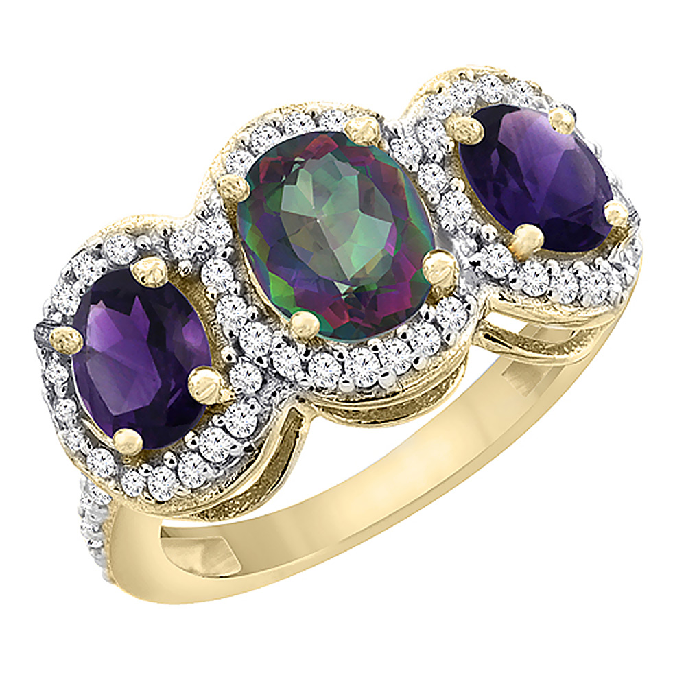 Sabrina Silver 10K Yellow Gold Natural Mystic Topaz & Amethyst 3-Stone Ring Oval Diamond Accent, sizes 5 - 10