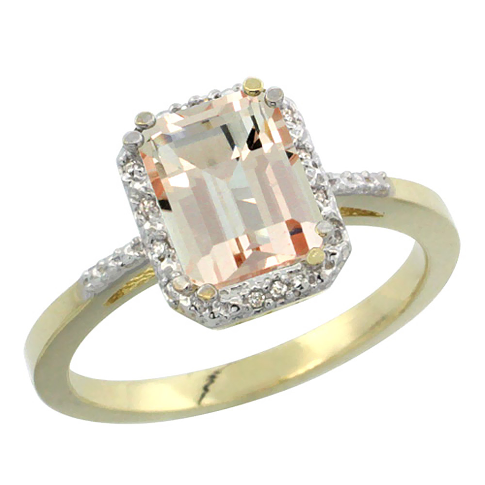Sabrina Silver 10K Yellow Gold Natural Morganite Ring Emerald-shape 8x6mm Diamond Accent, sizes 5-10
