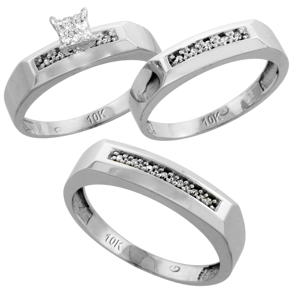 Sabrina Silver 10k White Gold Diamond Trio Wedding Ring Set 3-piece His & Hers 5 & 4.5 mm, 0.14 cttw, sizes 5  14