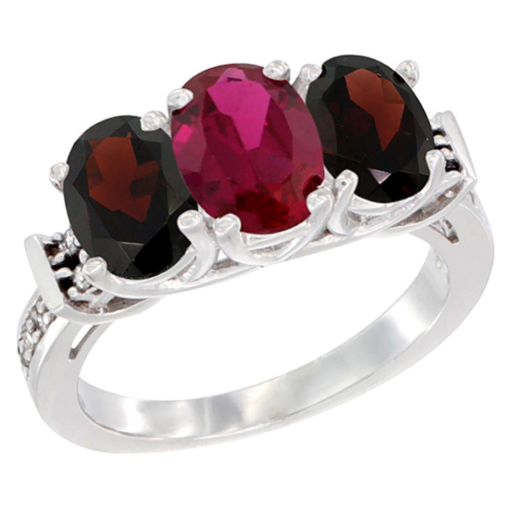 Sabrina Silver 14K White Gold Enhanced Ruby & Garnet Sides Ring 3-Stone Oval Diamond Accent, sizes 5 - 10